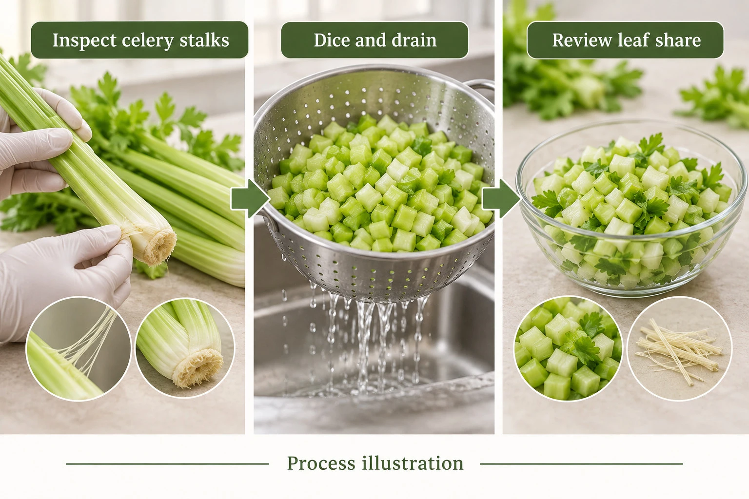 Celery stalk inspection, dicing and leaf-share review illustration