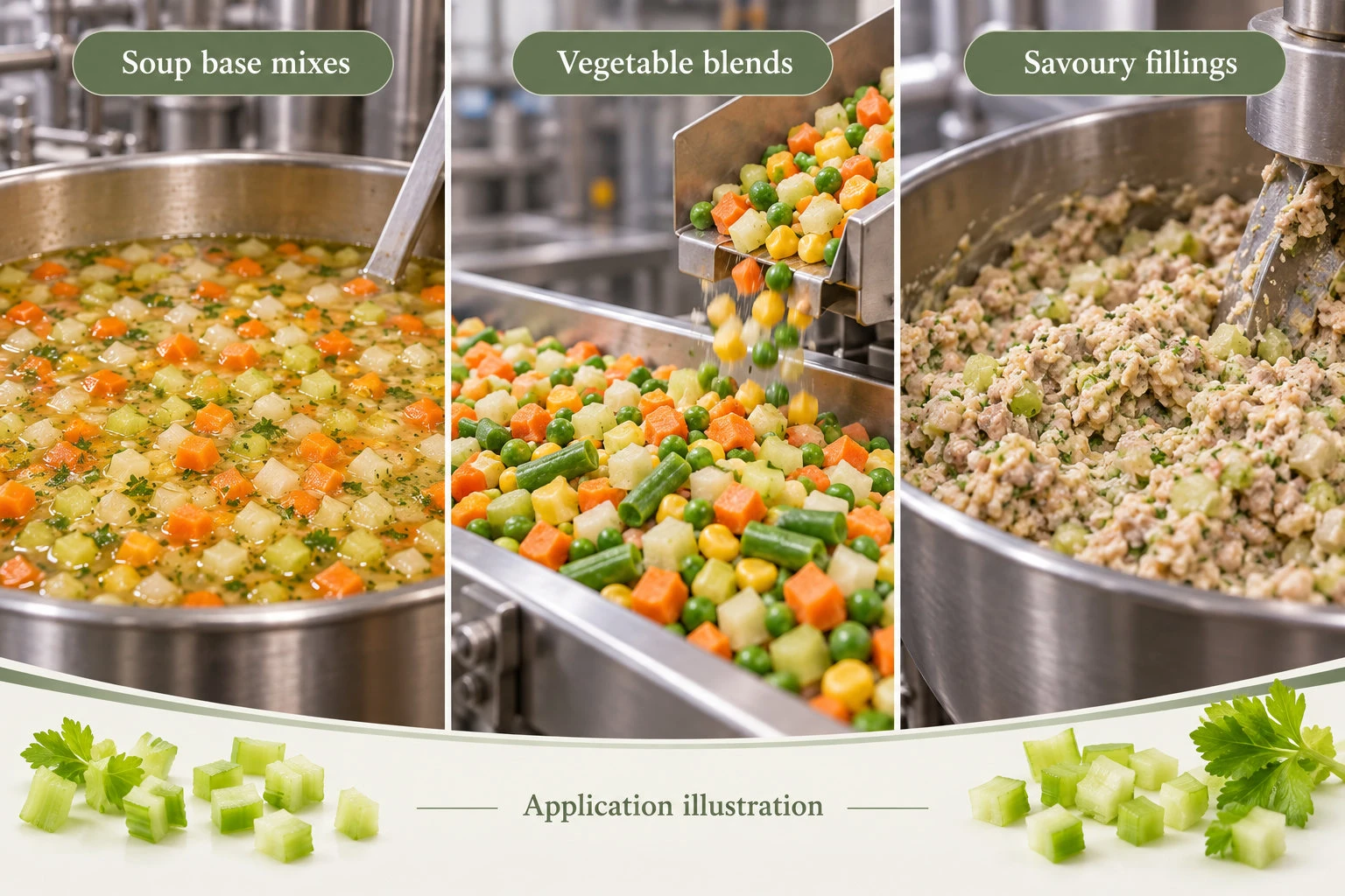 Celery dice in commercial soup bases, vegetable blends and savoury fillings