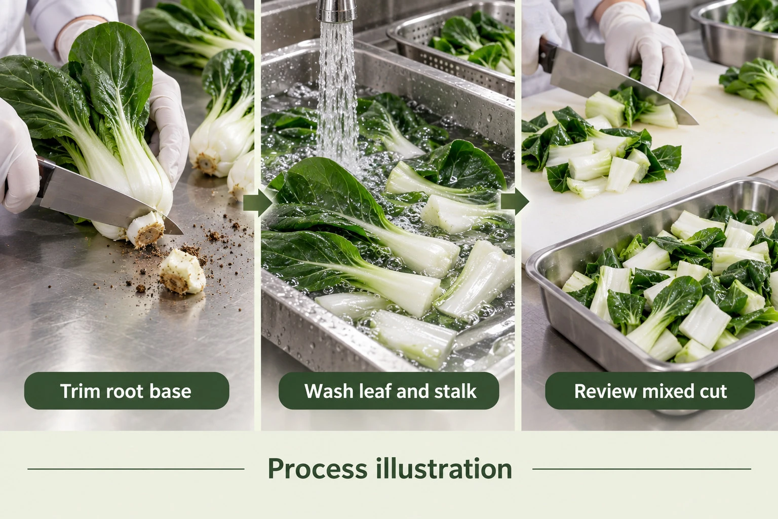 Pak choi root trimming, leaf-and-stalk washing and mixed-cut review illustration