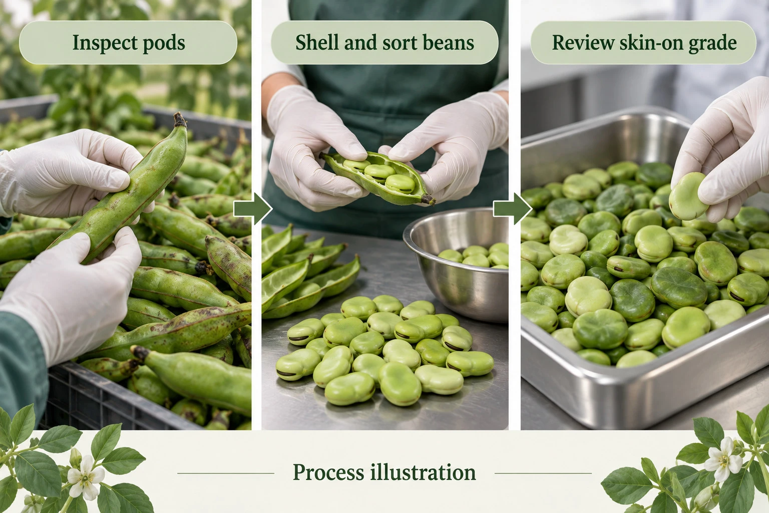 Broad-bean pod inspection, shelling and skin-on bean grade review illustration