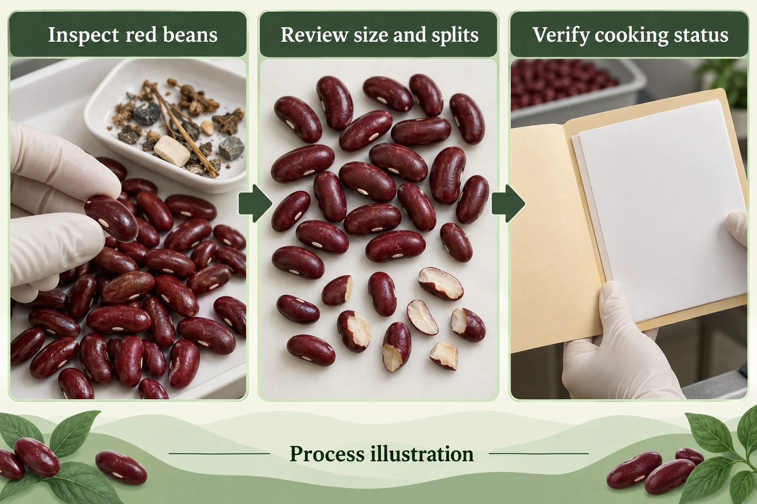 Red kidney bean appearance checks and separate cooking-status verification illustration