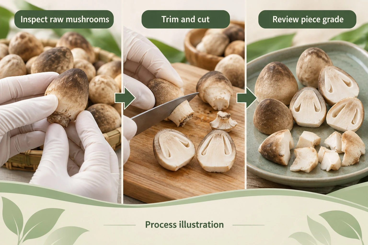 Straw mushroom raw-cap inspection, base trimming and cut-piece grade illustration