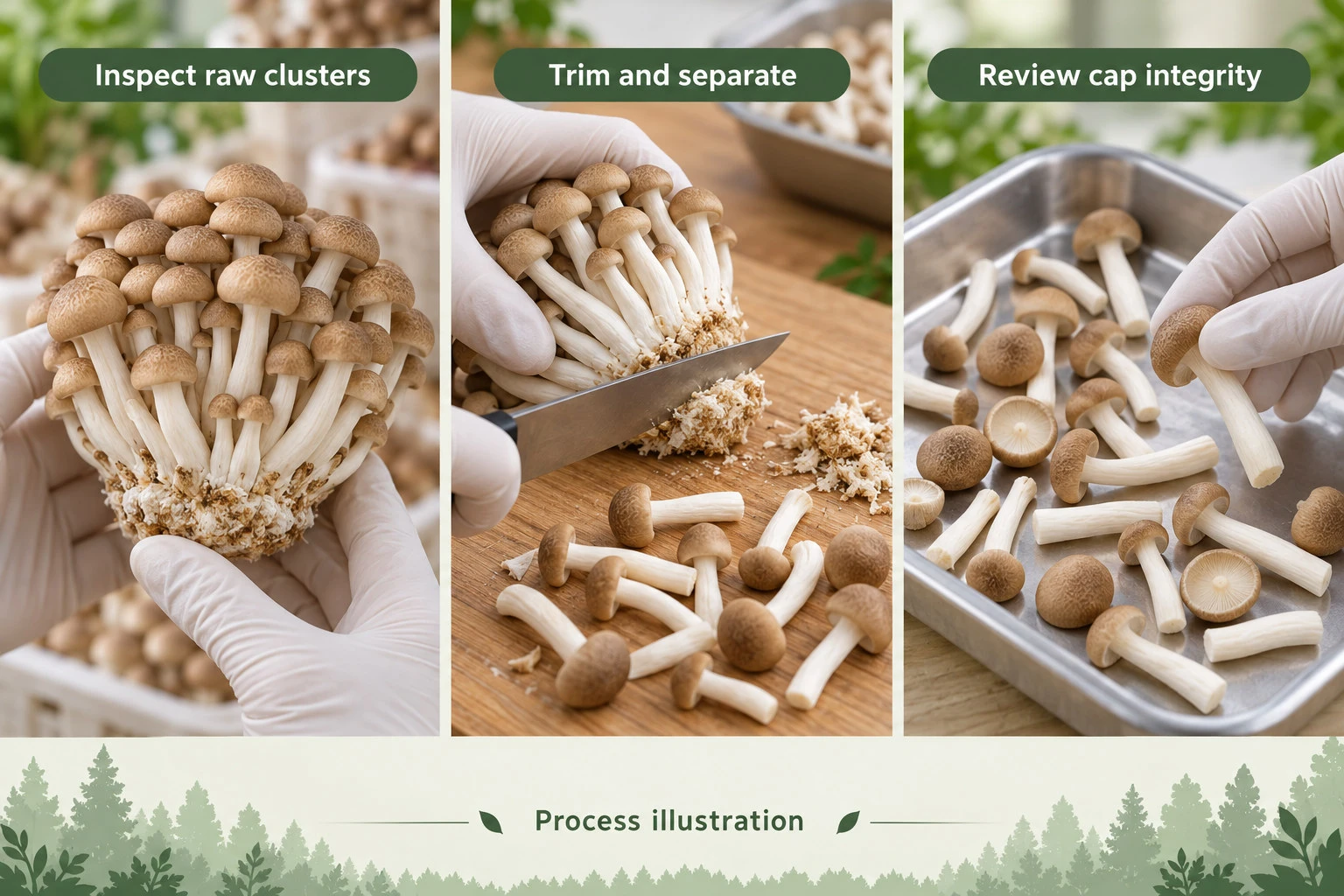 Shimeji raw-cluster inspection, base trimming and cap-integrity review illustration