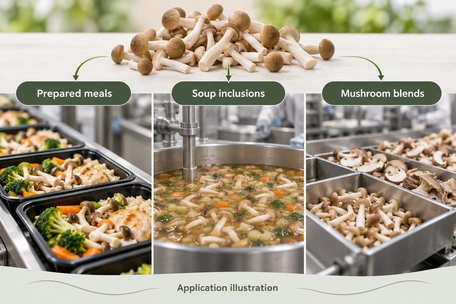 Commercial shimeji mushroom uses in prepared meals, soups and mushroom blends