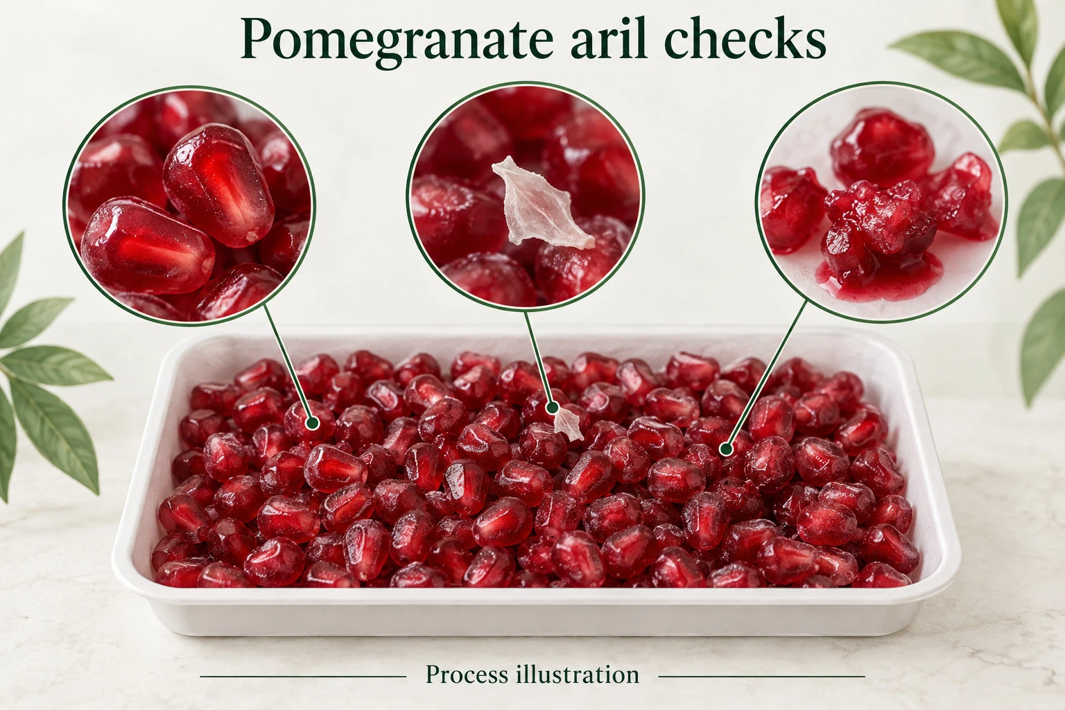 Concept inspection of separate pomegranate arils for membrane fragments, broken sacs and free juice