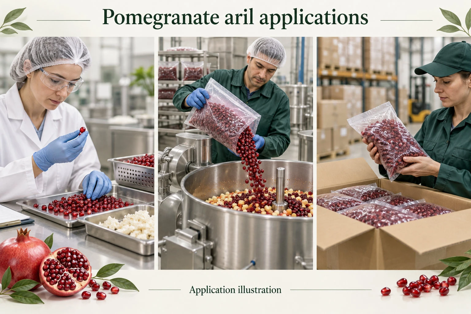 Concept illustration of pomegranate arils for fruit preparation, industrial blends and distribution packs