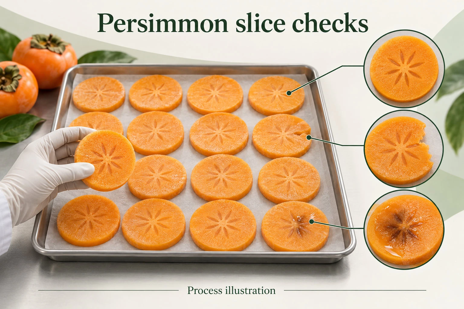 Concept illustration of round orange persimmon slices checked for intact edges and soft dark centers