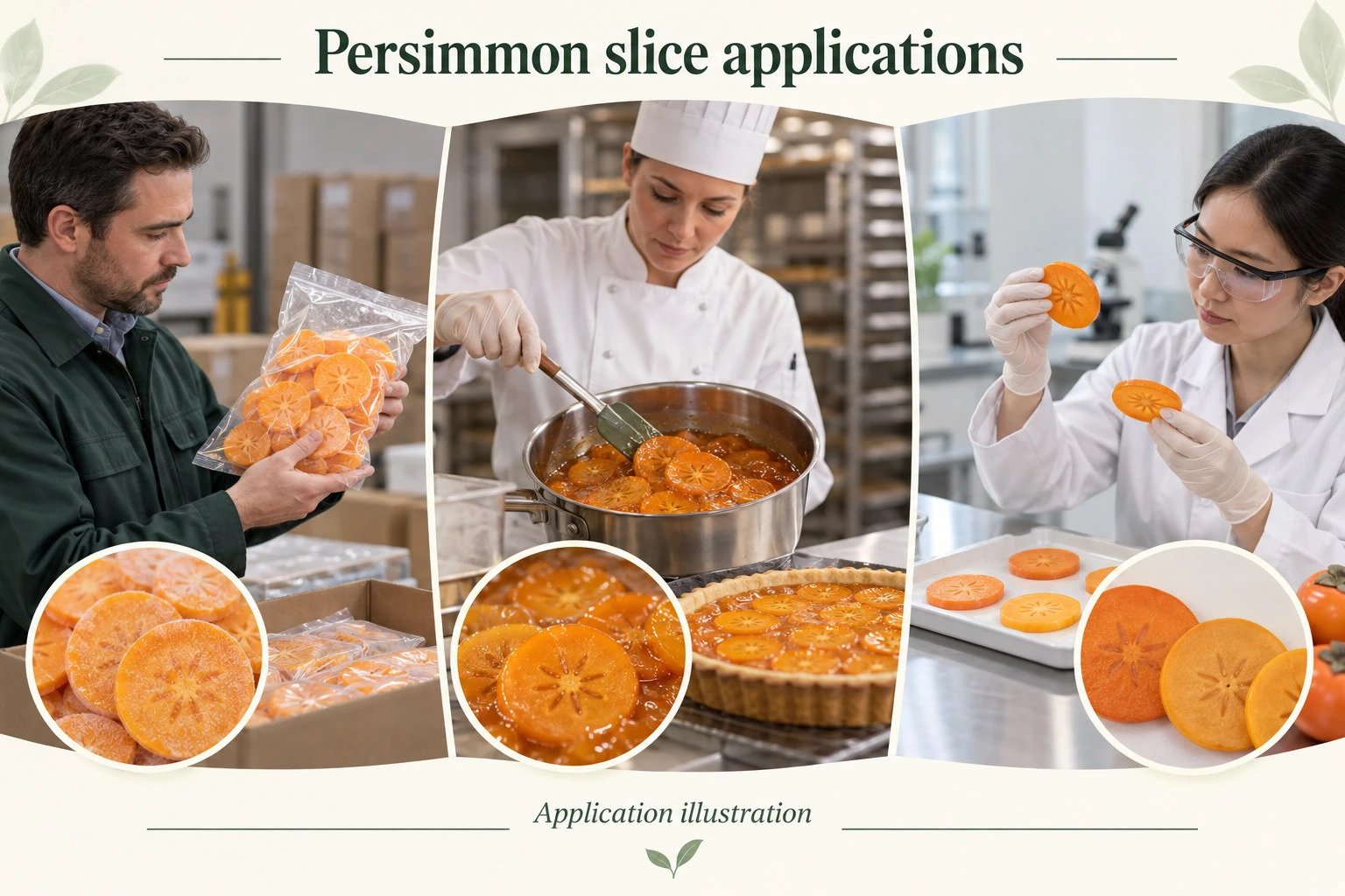 Concept illustration of persimmon slices for distribution, bakery trial and fruit-preparation assessment