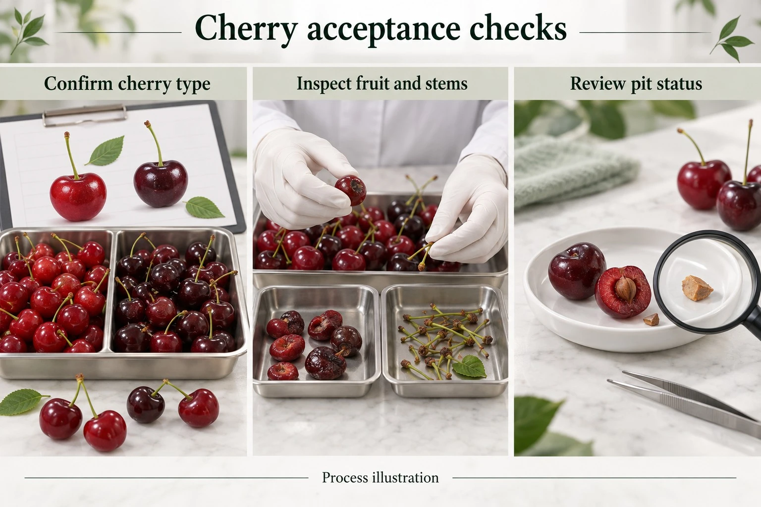 Concept illustration of cherry-type records, fruit-and-stem inspection and pit-status review