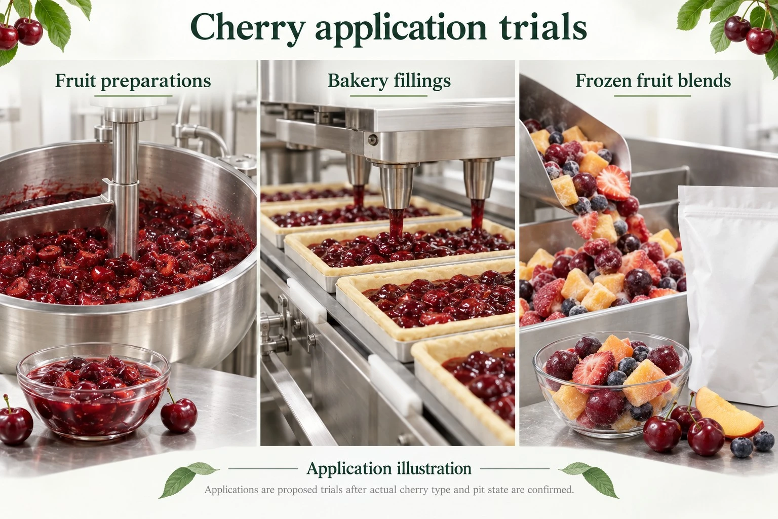 Concept illustration of cherry fruit preparations, industrial bakery fillings and frozen blends