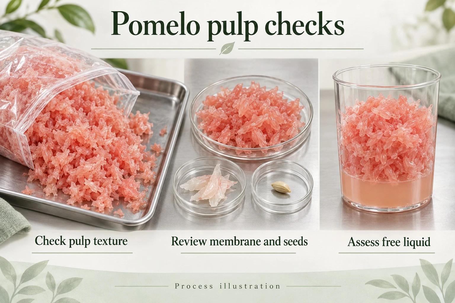 Concept illustration of coarse pink pomelo pulp, membrane-and-seed checks and free liquid