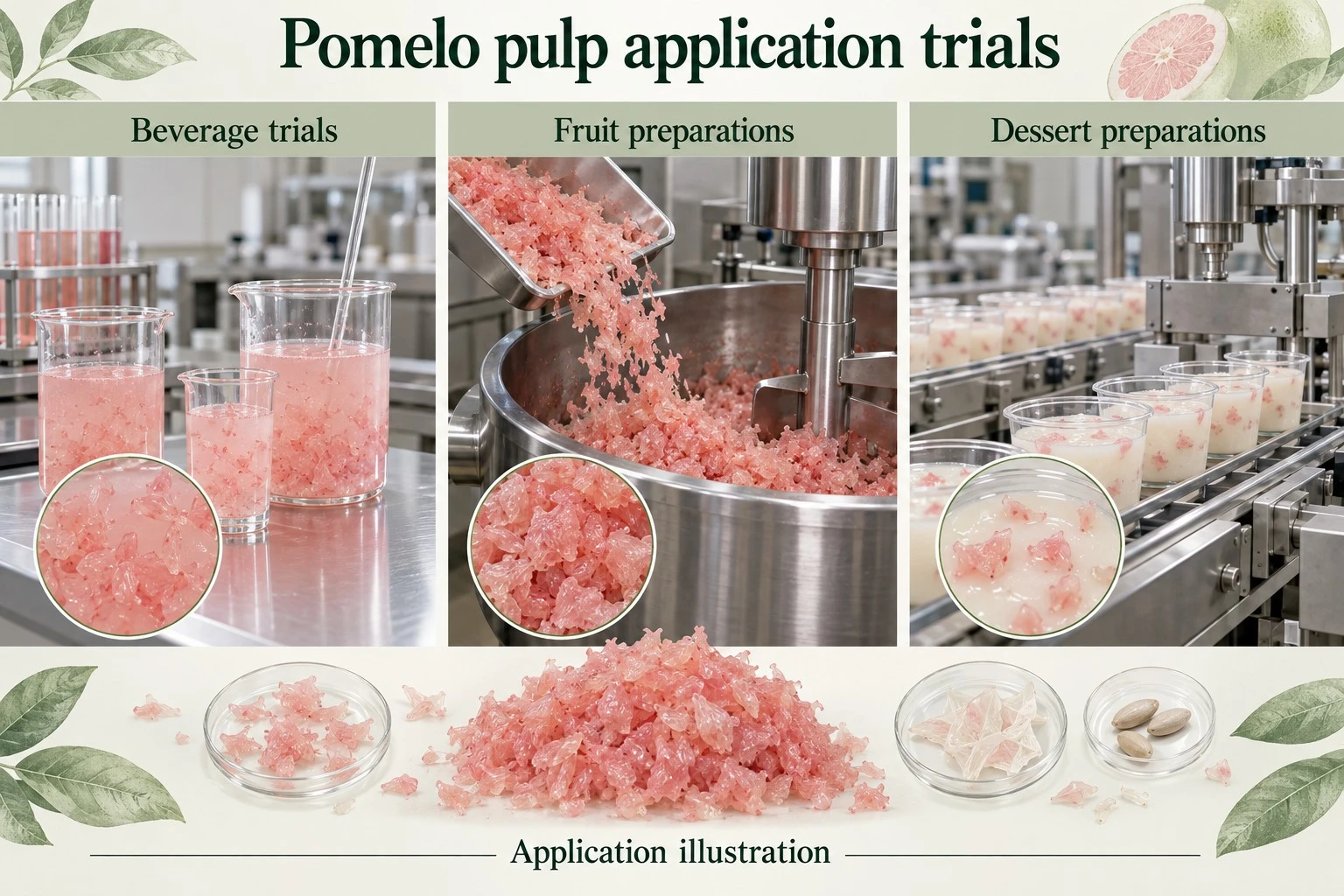 Concept illustration of coarse pomelo pulp in beverage, fruit and dessert preparation trials