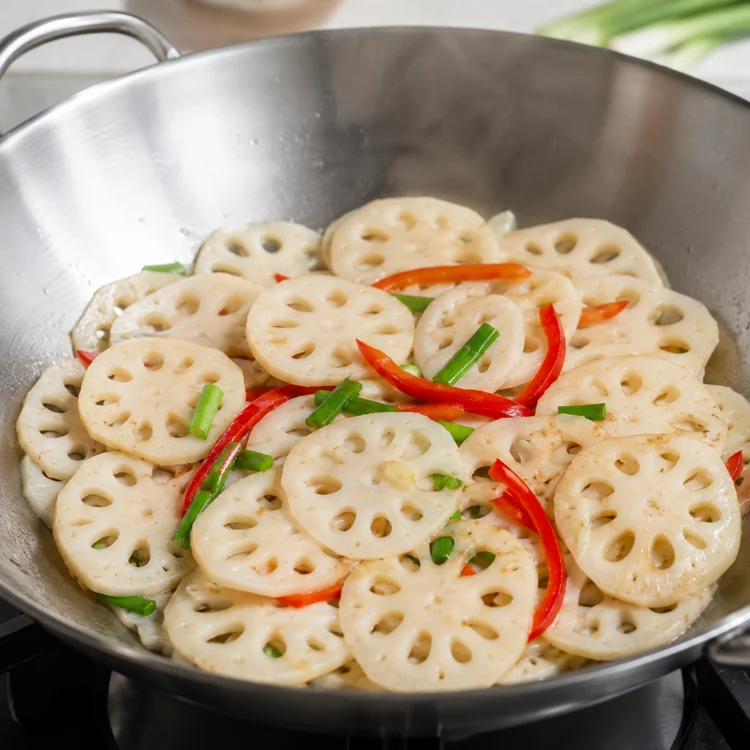 lotus-cooking-lotus-root-slices-in-a-stir-fry lotus-cooking-lotus-root-slices-in-a-stir-fry