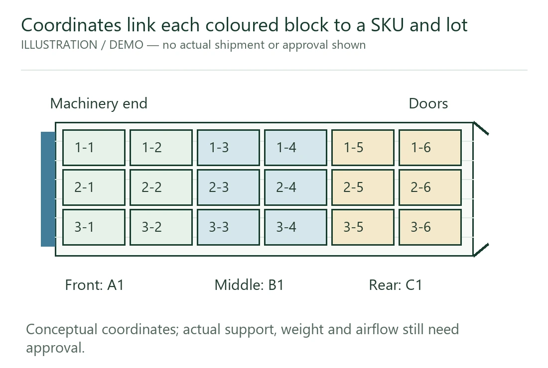 A coordinate map connects zones with product and lot identities. A coordinate map connects zones with product and lot identities.