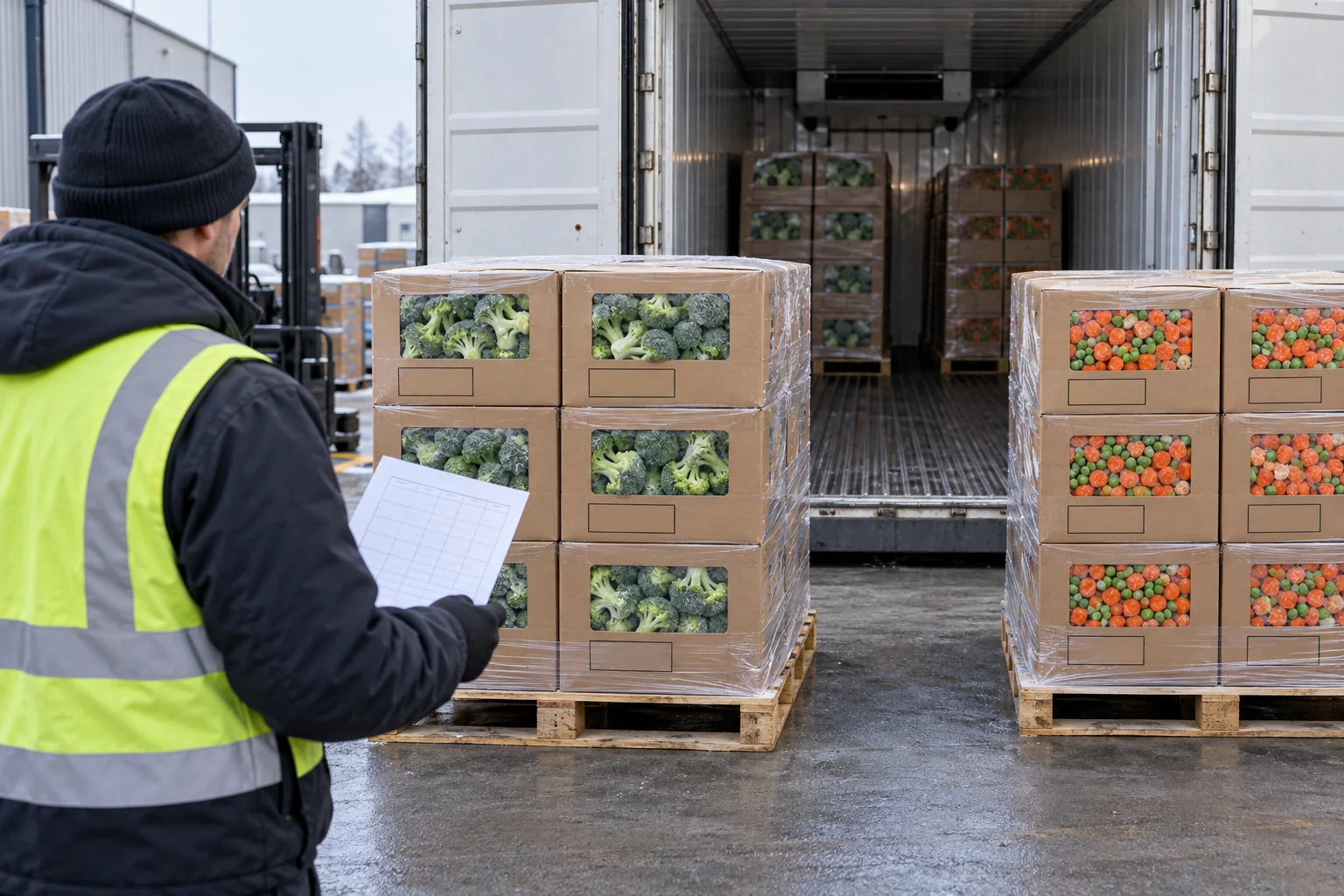 Illustrative frozen-food reefer scene for E03. Illustrative frozen-food reefer scene for E03.