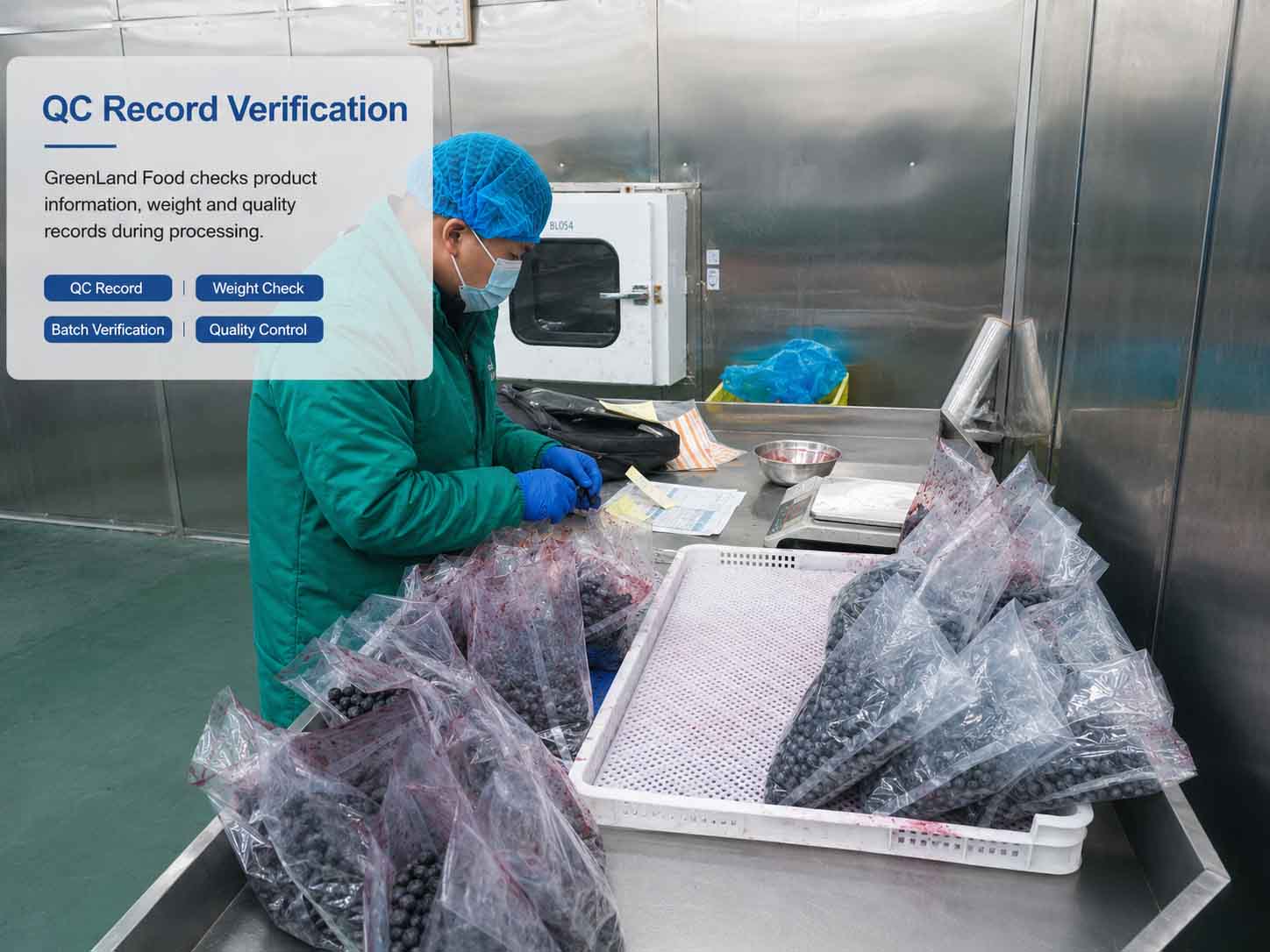 Blueberry sample and quality-control record review at the inspection station Blueberry sample and quality-control record review at the inspection station