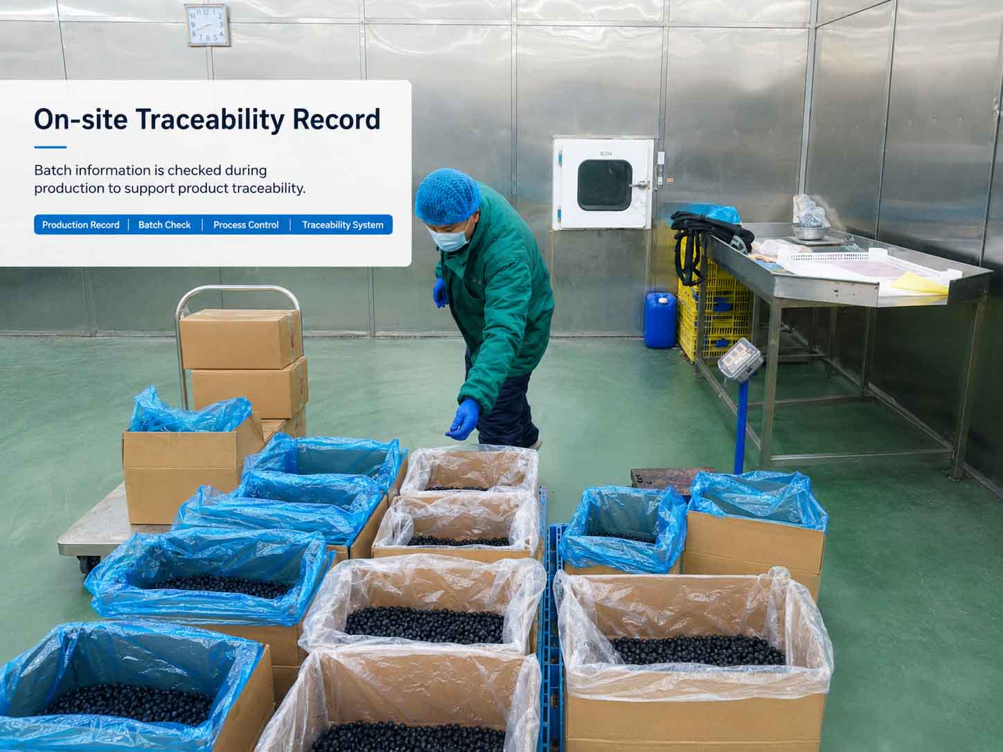On-site blueberry traceability review with lined cartons and weighing equipment On-site blueberry traceability review with lined cartons and weighing equipment