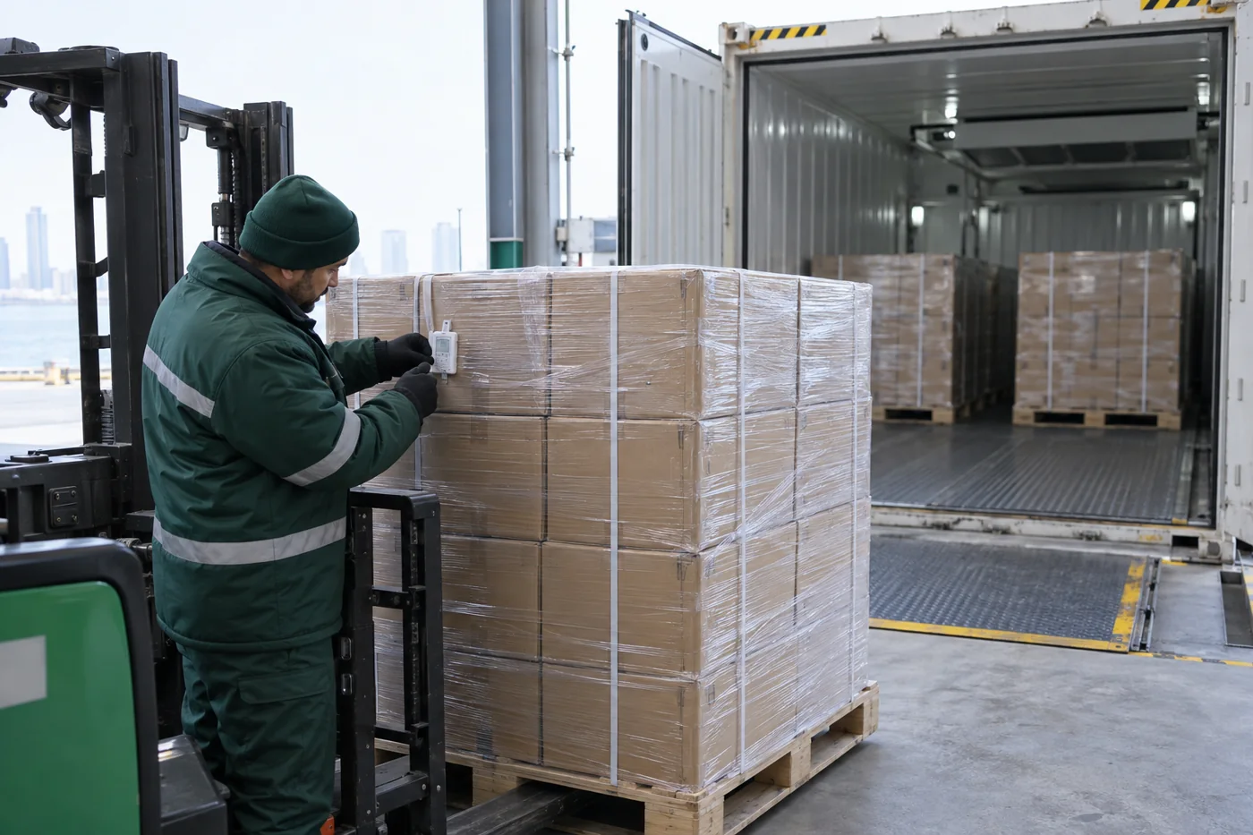 verify loading and monitoring records for an industrial frozen-kernel shipment.