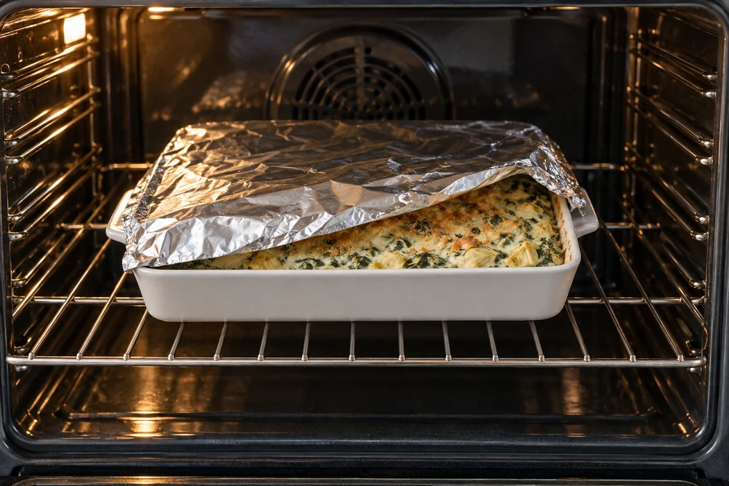 spinach-artichoke-dip-foil-covered-reheating spinach-artichoke-dip-foil-covered-reheating