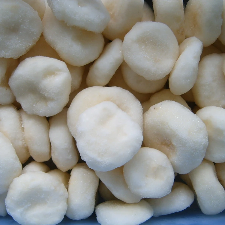 Close view of individually frozen peeled water chestnut slices